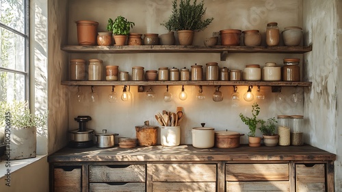 Farmhouse kitchen corner with weathered wooden crates, warm sconce lighting casting soft shadows on neatly stacked pots and jars, creating a relaxed and inviting space. --ar 16:9