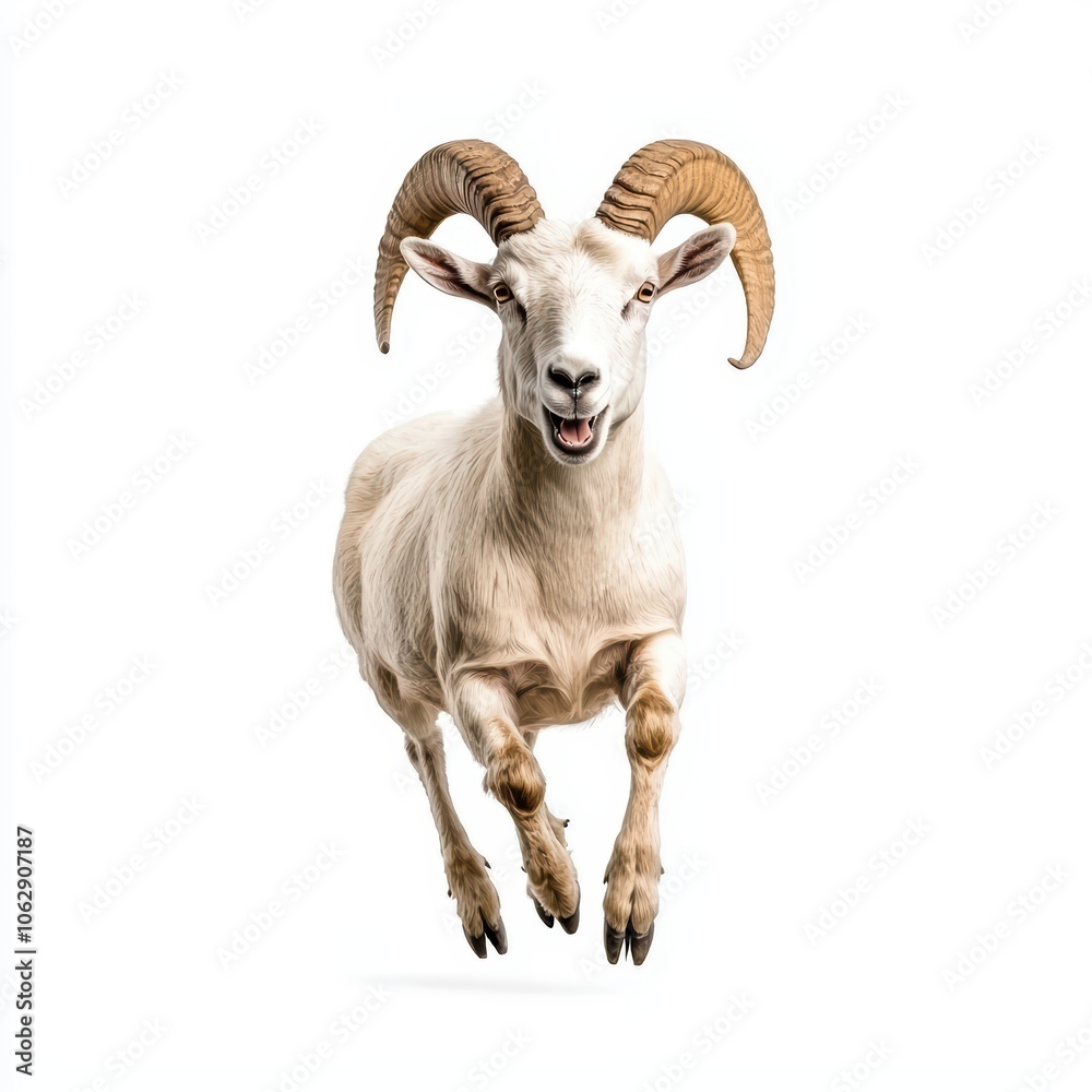 A lively goat joyfully leaping in mid-air against a pure white background. A lively goat joyfully leaping in mid-air against a pure white background.