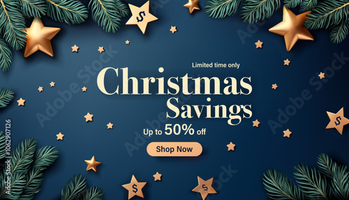 Festive Christmas promotion banner featuring a navy-blue background adorned with golden stars and green pine branches. Ideal for Christmas promotions, Online or social media marketing.