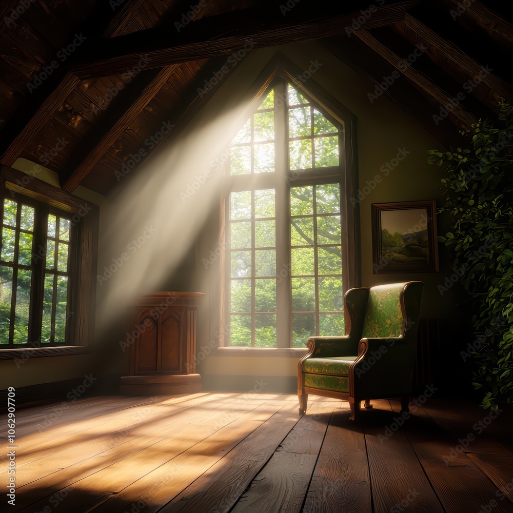 Obraz premium A serene interior with sunlight streaming through large windows, showcasing a cozy atmosphere and nature outside.