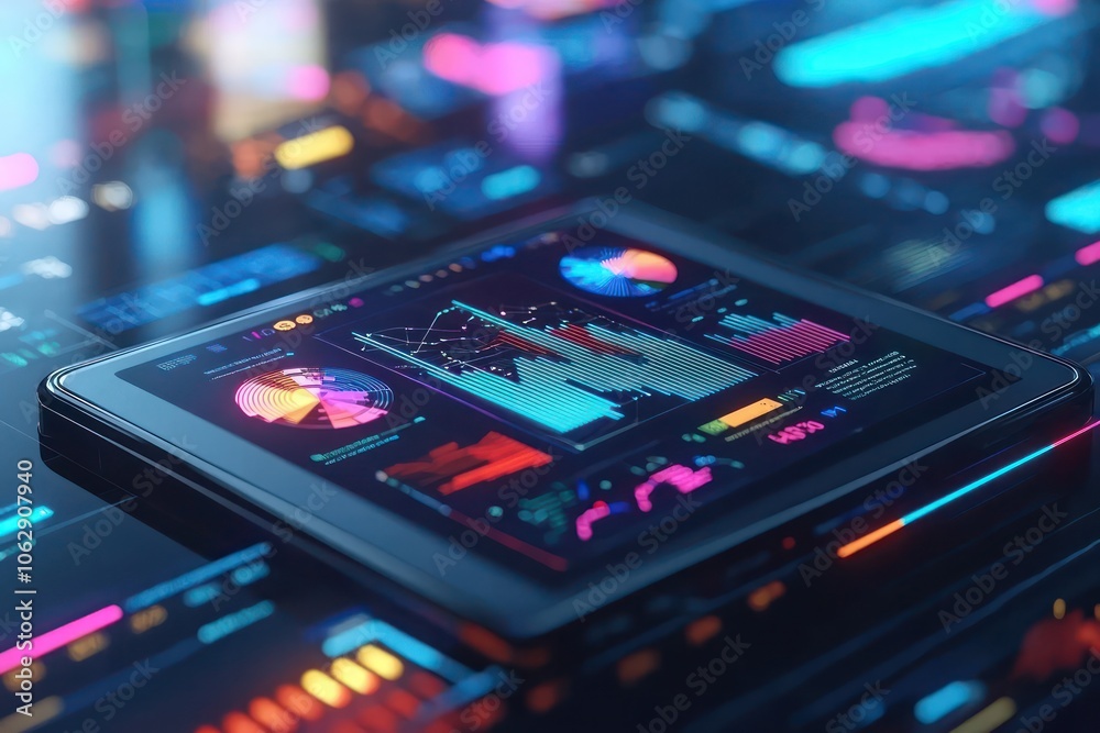 3D visualization of a report icon featuring a tablet and sophisticated data analysis. 3D visualization of a report icon featuring a tablet and sophisticated data analysis.