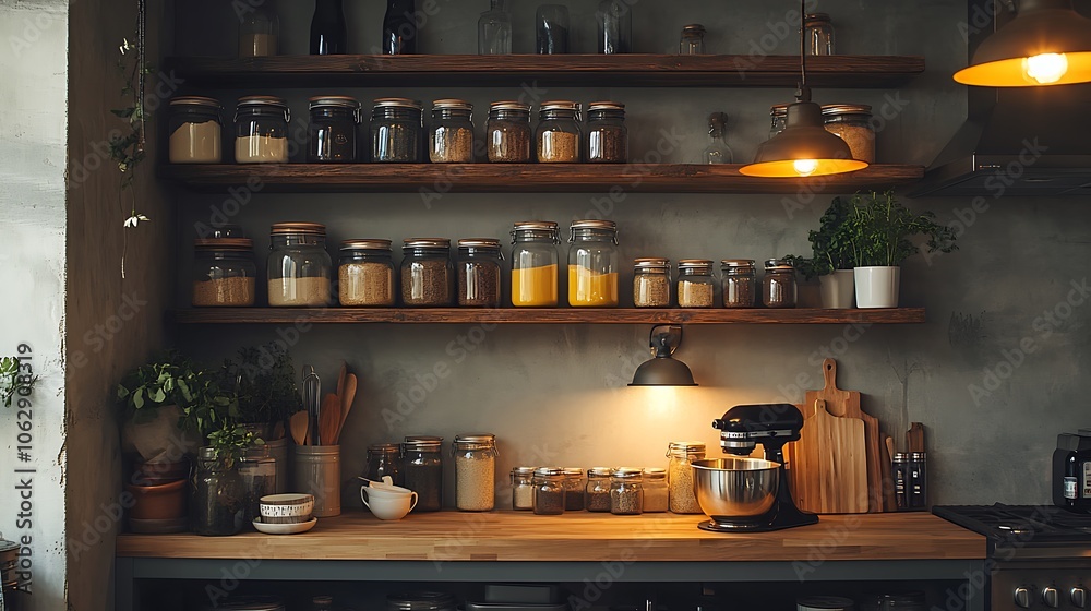 Industrial-style dark kitchen corner with warm under-shelf lighting, neatly stacked ceramic jars, and rugged wooden shelving, creating a warm, modern industrial vibe. --ar 16:9 Industrial-style dark kitchen corner with warm under-shelf lighting, neatly stacked ceramic jars, and rugged wooden shelving, creating a warm, modern industrial vibe. --ar 16:9
