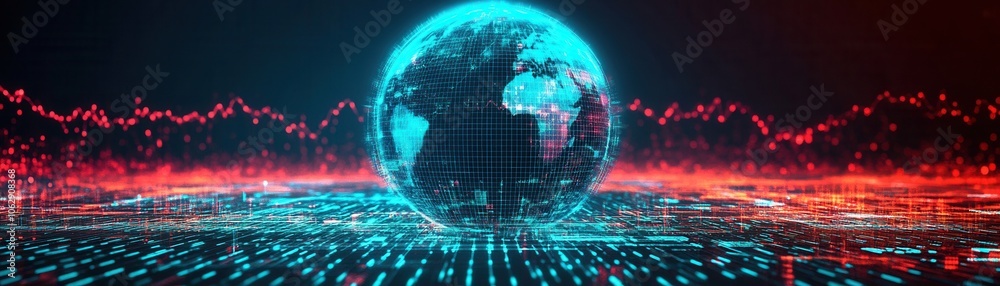 A futuristic digital globe surrounded by vibrant data arrays, representing advanced technology and global connectivity.