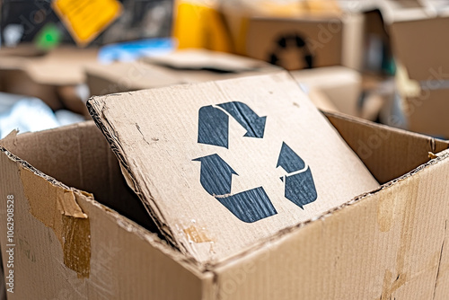 A close-up of a recycling symbol on a cardboard box, ready to be repurposed photo