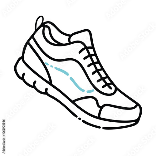Running shoe outline icon in black and white, Simple black and white outline icon of a running shoe, representing fitness, sports, and active lifestyle, isolated on a white background.