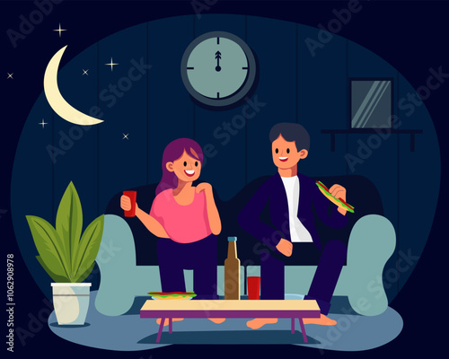 A man and a woman are sitting on a couch in a dark room at night. They are eating sandwiches and drinking sodas. The man is wearing dark pajamas and the woman is wearing pink pajamas. The scene is rel