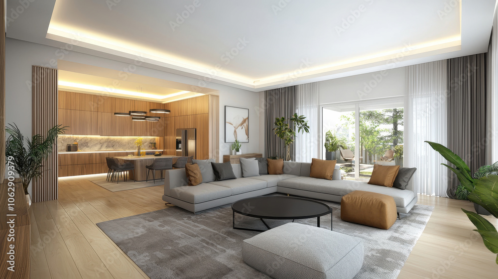 Fototapeta premium Modern living room and dining area with sofa Concept of modern design solutions