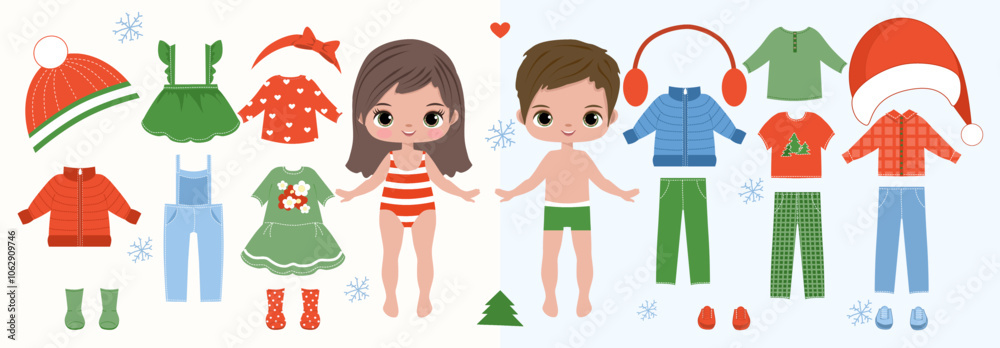 Fototapeta premium Paper doll clothes.Cute girl with clothes set, collection. Fashion girl, boy . Dress up stickers. Vector illustration. Baby doll, children, kids play, toy, game, activity. Cutouts, cut out. Christmas