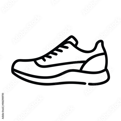 Running shoe outline icon in black and white, Simple black and white outline icon of a running shoe, representing fitness, sports, and active lifestyle, isolated on a white background.