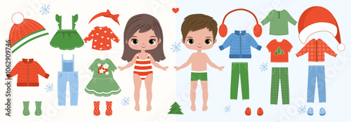 Paper doll clothes.Cute girl with clothes set, collection. Fashion girl, boy . Dress up stickers. Vector illustration. Baby doll, children, kids play, toy, game, activity. Cutouts, cut out. Christmas