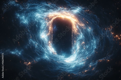 A cosmic portal swirls with blue and orange energy, opening a path to the unknown depths of space. photo