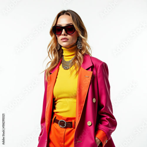 Fashion woman colorful, the bold eclectic fashion styles of the Y2K era. dressed in the latest fashion trends of the time, including chunky shoes, low-rise pants, crop tops, and oversized sunglasses photo