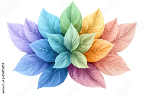 Colorful arrangement of leaves on a white isolated background.