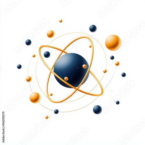 Colorful atomic structure illustration with orbiting particles on a white isolate background.