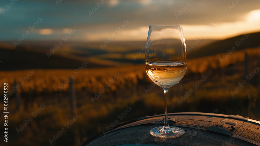 Obraz premium Savoring White Wine in a Scenic Countryside Setting. A glass of white wine resting on a weathered barrel embodies the essence of relaxation in the countryside. 