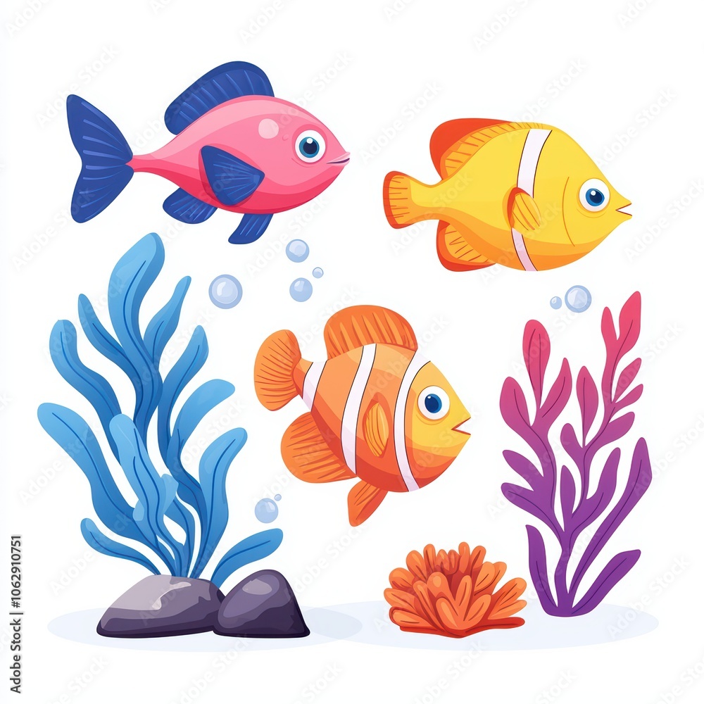 Naklejka premium Colorful fish swimming among vibrant underwater plants, white isolate background.