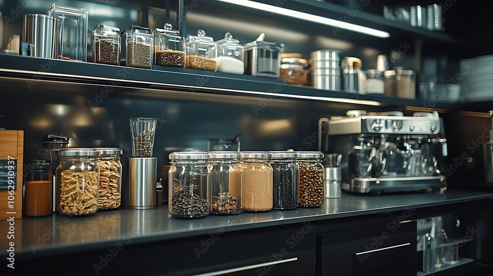 Minimalist kitchen nook with dark metallic shelves, subtle lighting highlighting glass storage jars and metal containers, arranged with precision for a polished, modern feel. --ar 16:9 Minimalist kitchen nook with dark metallic shelves, subtle lighting highlighting glass storage jars and metal containers, arranged with precision for a polished, modern feel. --ar 16:9