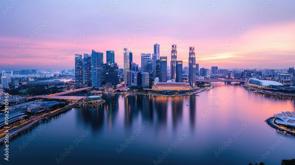 Obraz premium City skyline at dusk reflecting in the water, vibrant colors, urban landscape.