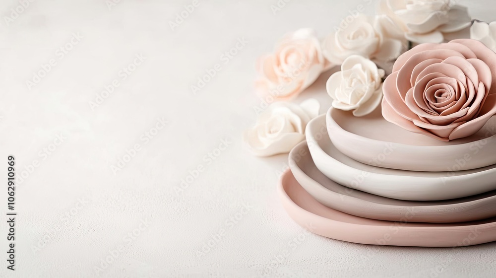 Elegant arrangement of decorative plates and soft roses on a light background. Elegant arrangement of decorative plates and soft roses on a light background.
