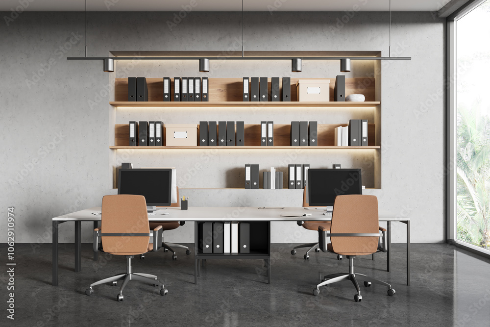 Fototapeta premium Modern office interior with two desks, computers, chairs, shelves with files, and large window. Minimalist design. 3D Rendering