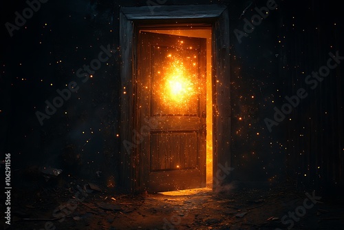 An old open door glowing in a dark room, leading to the unknown