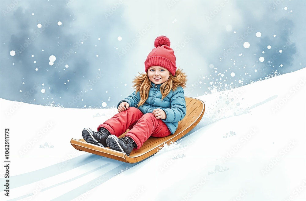 Kid is sledding down snow hill, child is having fun during the New Year holidays, it is snowing, Christmas trees in the background Kid is sledding down snow hill, child is having fun during the New Year holidays, it is snowing, Christmas trees in the background