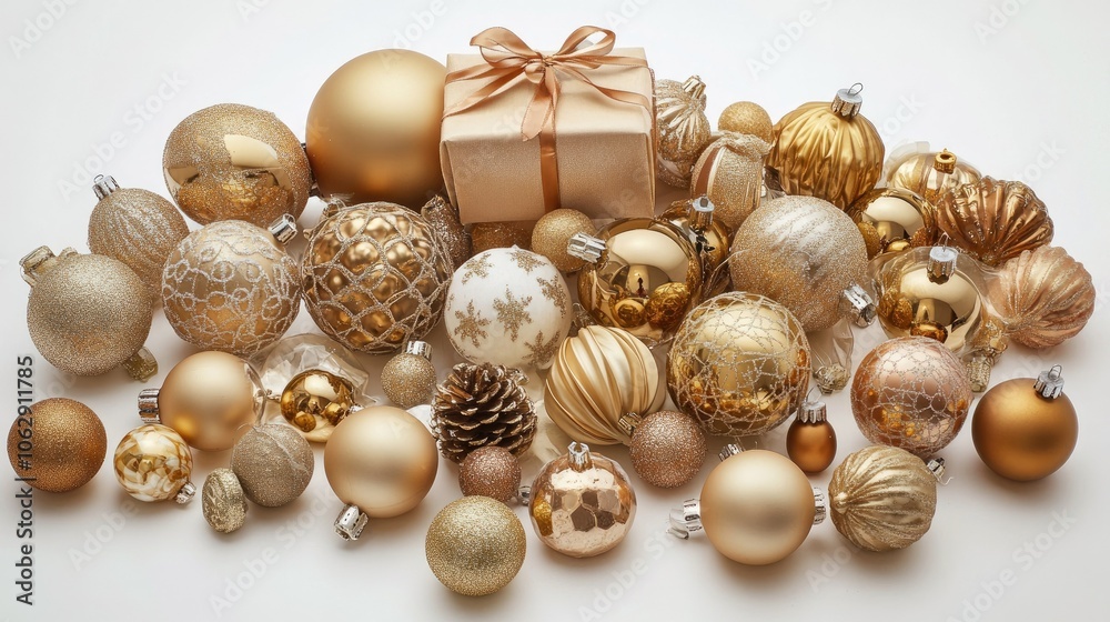 Elegant Gold Christmas Ornaments and Gift Box Arrangement Elegant Gold Christmas Ornaments and Gift Box Arrangement
