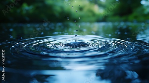 A droplet creates ripples on a tranquil water surface.