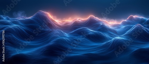 A surreal depiction of ocean waves illuminated by a glowing horizon.