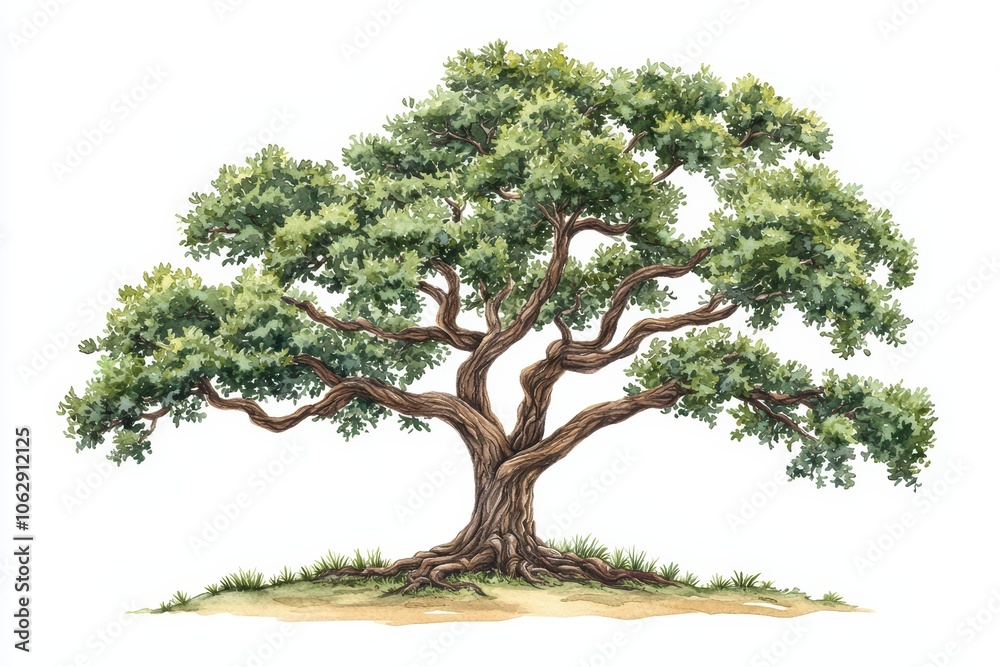 Detailed illustration of a majestic tree with lush foliage on a white isolated background. Detailed illustration of a majestic tree with lush foliage on a white isolated background.