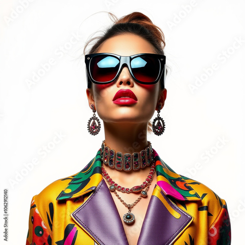 Fashion woman colorful, the bold eclectic fashion styles of the Y2K era. dressed in the latest fashion trends of the time, including chunky shoes, low-rise pants, crop tops, and oversized sunglasses photo