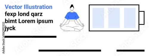 Female figure in lotus position meditating, accompanied by a large charging battery icon. Ideal for wellness, health, mindfulness, technology, fitness, meditation, relaxation, and lifestyle. Landing