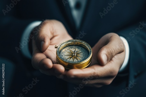 A business leader holding a compass, symbolizing strategic direction and decision-making in the corporate world, highlighting the importance of guidance and vision in achieving success and growth.