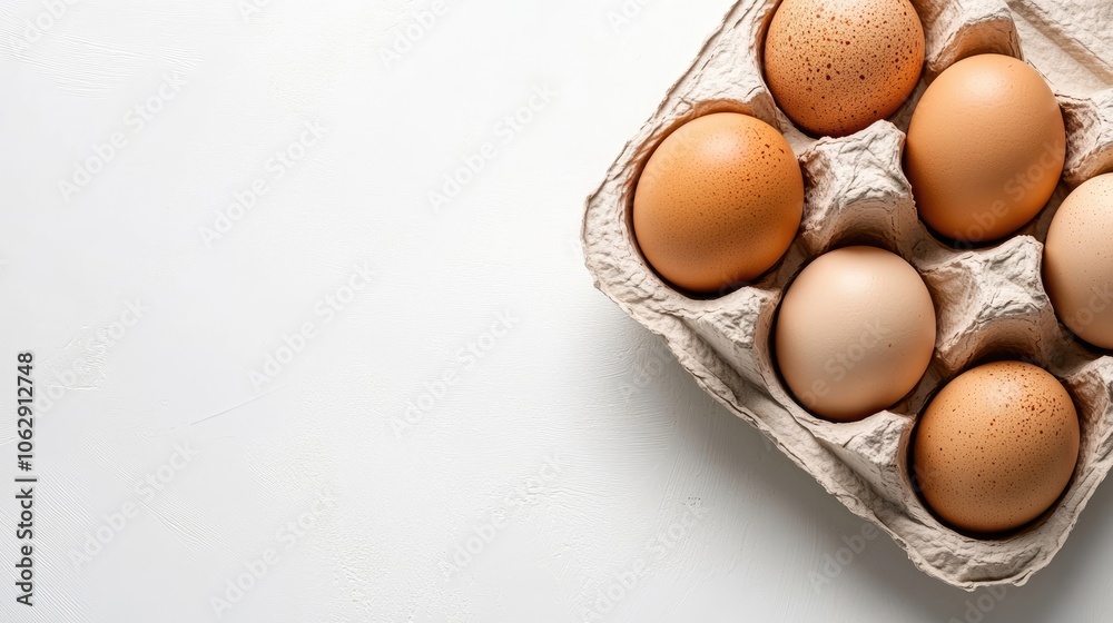 Brown eggs arranged in an egg carton box create a delightful food background. This top view captures the essence of brown eggs, perfect for culinary themes. Ample copy space included. Brown eggs arranged in an egg carton box create a delightful food background. This top view captures the essence of brown eggs, perfect for culinary themes. Ample copy space included.