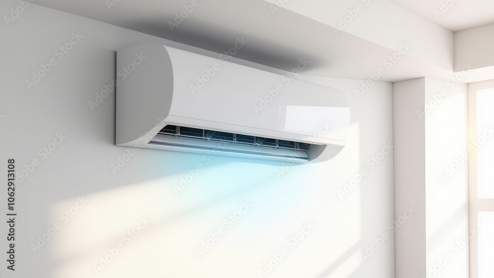 A split-type air conditioner on the ceiling, showcasing parts of an home ac system with fresh, cool air circulation in a clean room
