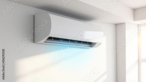A split-type air conditioner on the ceiling, showcasing parts of an home ac system with fresh, cool air circulation in a clean room