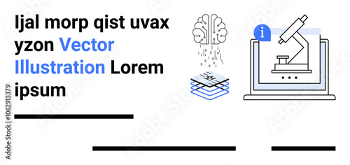 Random text blocks, digital brain emitting data, layers of information, microscope on a computer. Ideal for scientific research, data analysis, artificial intelligence, medical studies, innovation