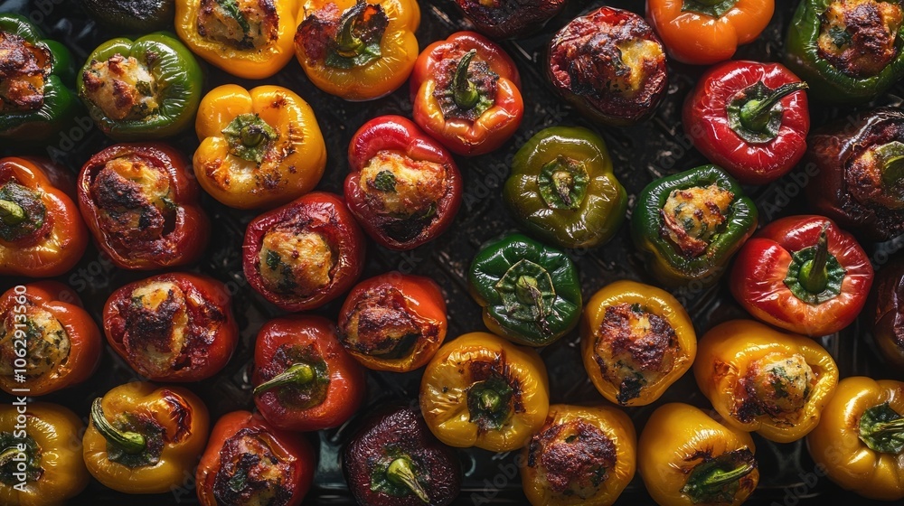 Top view of colorful stuffed bell peppers arranged carefully in the oven, highlighting the vibrant ingredients. The stuffed bell peppers create a delicious and inviting atmosphere. Top view of colorful stuffed bell peppers arranged carefully in the oven, highlighting the vibrant ingredients. The stuffed bell peppers create a delicious and inviting atmosphere.