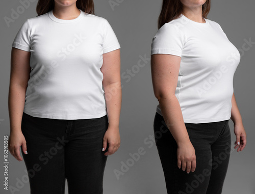 Plus size model on grey background with no face. Young female in blank white t-shirt front view. Design women t shirt template and mock-up for branding or print.