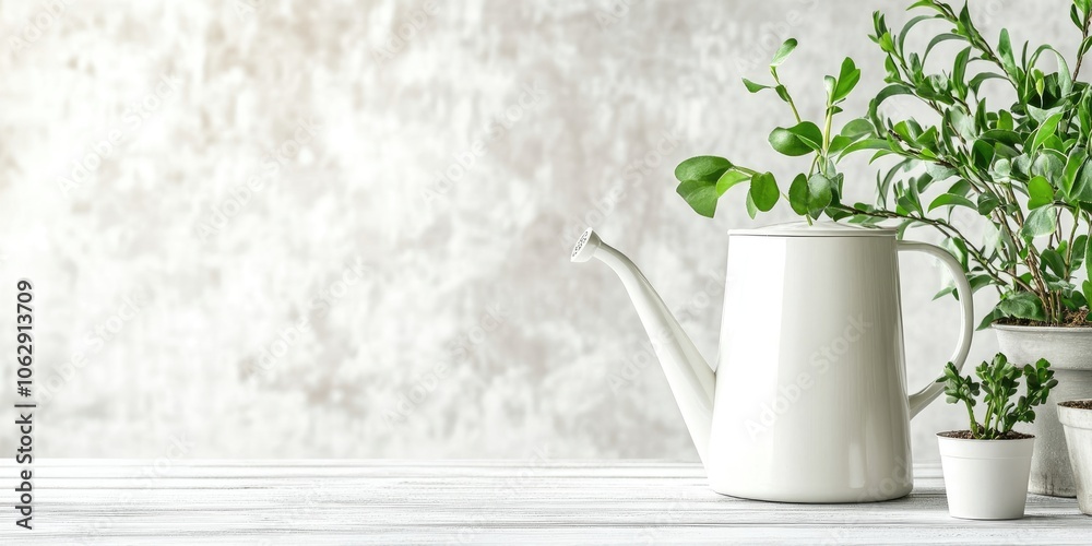 A close up view of a watering can designed for houseplants, placed on a white wooden table, featuring ample space for additional text. A close up view of a watering can designed for houseplants, placed on a white wooden table, featuring ample space for additional text.