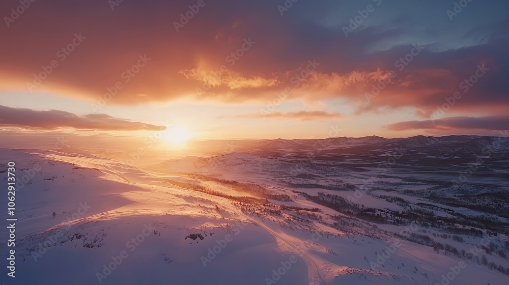 Aerial photo capturing a vast winter landscape at sunset, illustrating expansive snowy terrain with dramatic sky hues. Perfect for any winter-themed project, with ample copy space. Aerial photo capturing a vast winter landscape at sunset, illustrating expansive snowy terrain with dramatic sky hues. Perfect for any winter-themed project, with ample copy space.