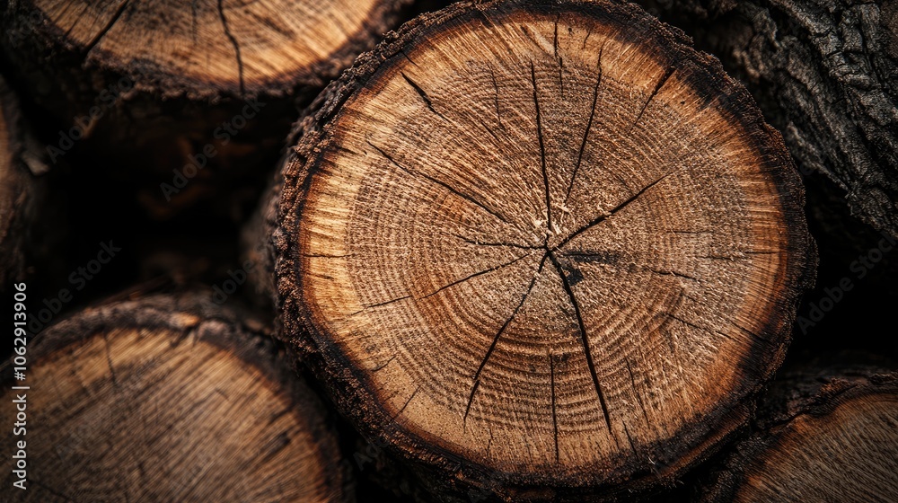 Naklejka premium Wood cut stack background with a rich wooden logs texture creates an ideal wallpaper for mobile devices. This wood cut stack design offers a natural, warm aesthetic with ample copy space.