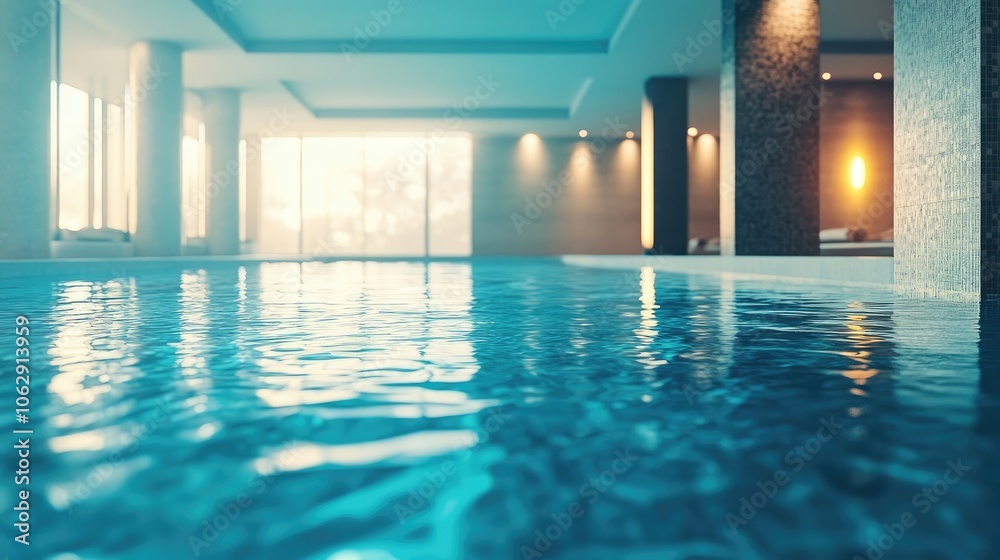 Fototapeta premium Modern two-story hotel design with a captivating turquoise blue swimming pool, perfect for relaxation and enjoyment. The hotel offers a luxurious atmosphere with ample photo style copy space.