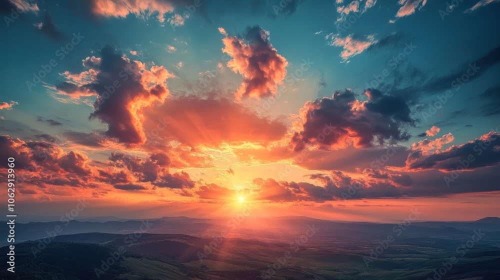 Fototapeta premium A dramatic sunset view above steep hills, with fluffy clouds