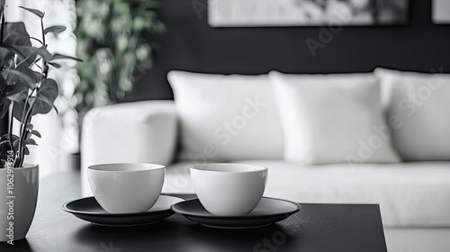 Tranquil urban home scene captured with a stylish black and white coffee set alongside a luxurious white sofa, perfect for adding a serene touch to any decor. Photo includes copy space.