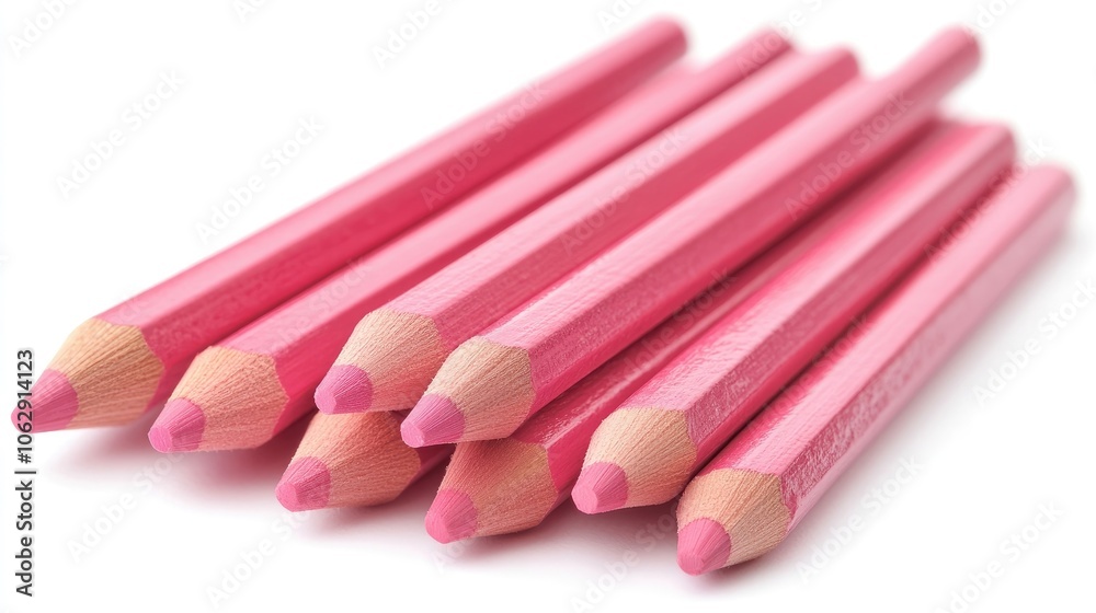 Rose colored pencils arranged and placed on a white background, creating a vibrant display of rose tones. Ideal for artistic projects and creative endeavors with ample copy space. Rose colored pencils arranged and placed on a white background, creating a vibrant display of rose tones. Ideal for artistic projects and creative endeavors with ample copy space.