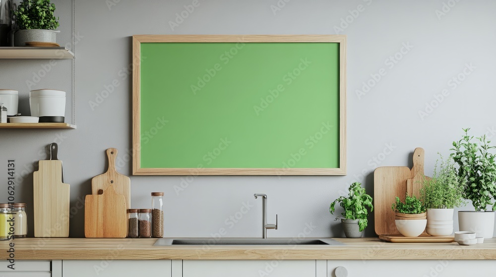 A narrow, rectangular wooden frame with a green screen, displayed on a pale grey kitchen wall. A narrow, rectangular wooden frame with a green screen, displayed on a pale grey kitchen wall.