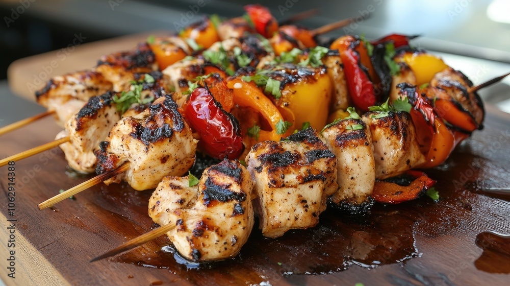 Grilled chicken skewers with vibrant peppers create a mouthwatering presentation. The grilled chicken skewers offer a delicious blend of flavors and textures with ample photo style copy space.