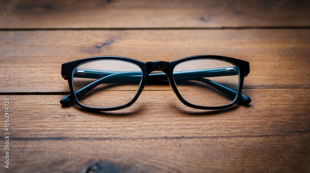 Black eyeglasses resting on a wooden surface with a warm lighting reflection Black eyeglasses resting on a wooden surface with a warm lighting reflection