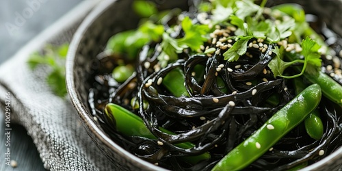 A monochrome aerial shot features seaweed noodles paired with snap peas, ginger, and sesame oil. This gluten free, low fat meal is topped with sesame seeds and cilantro for added flavor. photo